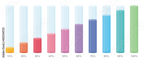 Colourful slim chart bars template, simple clear 10%-100% infograph layout. Info graphic flat design interface illustration elements for app ui ux web banner button vector isolated on white background