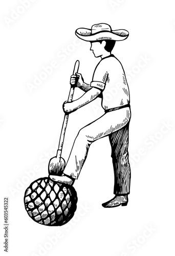 Mexican farmer with agave root. Vector black and white sketch.