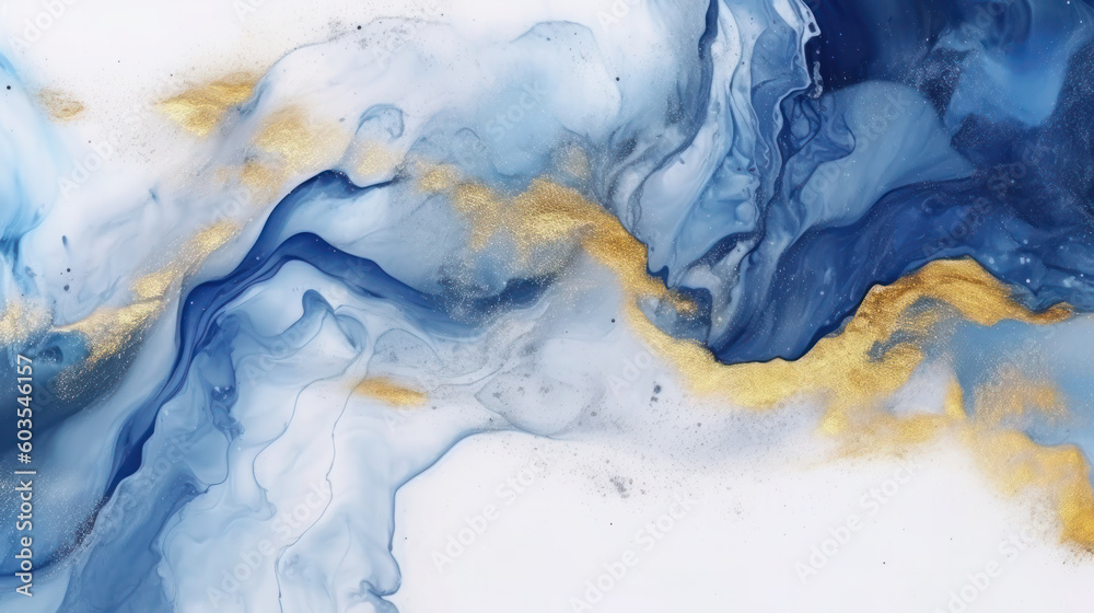 Naklejka premium Abstract white and ocean dark blue watercolor fluid background. Watercolor blue sea painting with gold ink brush texture