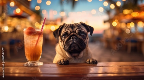 Portrait of pug dog at the outdoor summer holiday resort beach bar enjoying a cocktail drink alone waiting for best friend, sunset blue night sky and relaxing vacation celebration - generative AI © SoulMyst