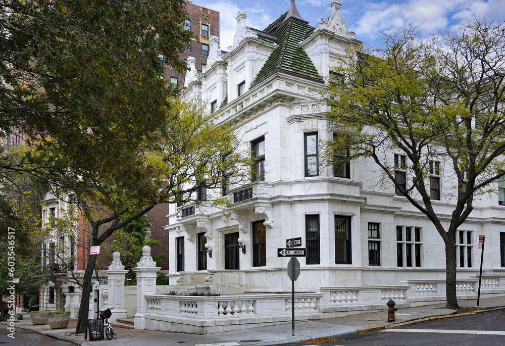 Historic Schinasi Mansion in the Upper West Side, white marble built in 1907, reputed to be the largest detached house in Manhattan