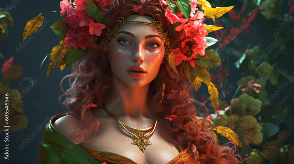 A 3D woman character with flowers in her hair Generative Ai