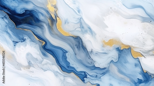 Abstract white and ocean dark blue watercolor fluid background. Watercolor blue sea painting with gold ink brush texture
