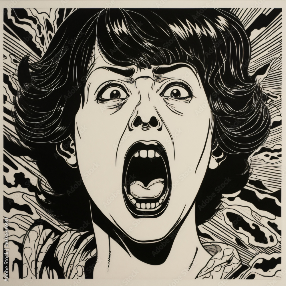 A black and white drawing of a woman with her mouth open making a fearful, horrified or scared expression Generative Ai