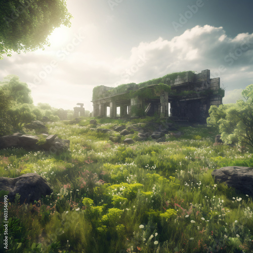 A ruined building covered in moss in a field of grass Generative Ai