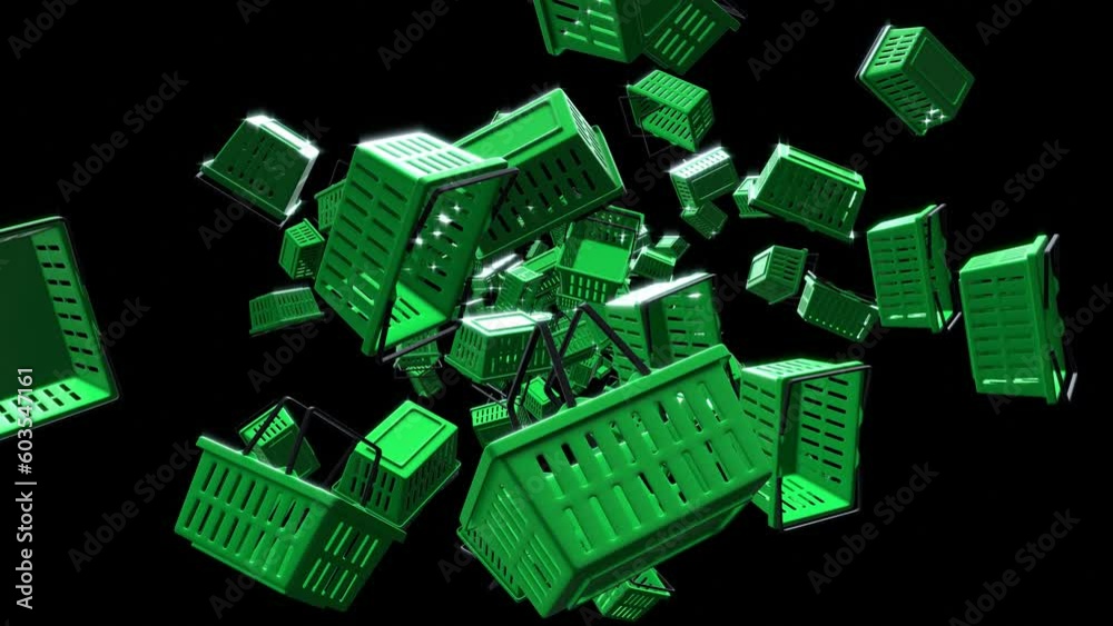 Green plastic shopping baskets on black background.
Loop able abstract animation for background.
