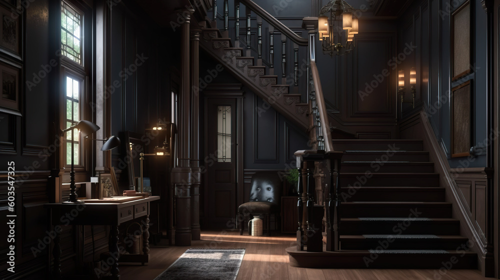 Dark academia style, victorian style mansion interior design with