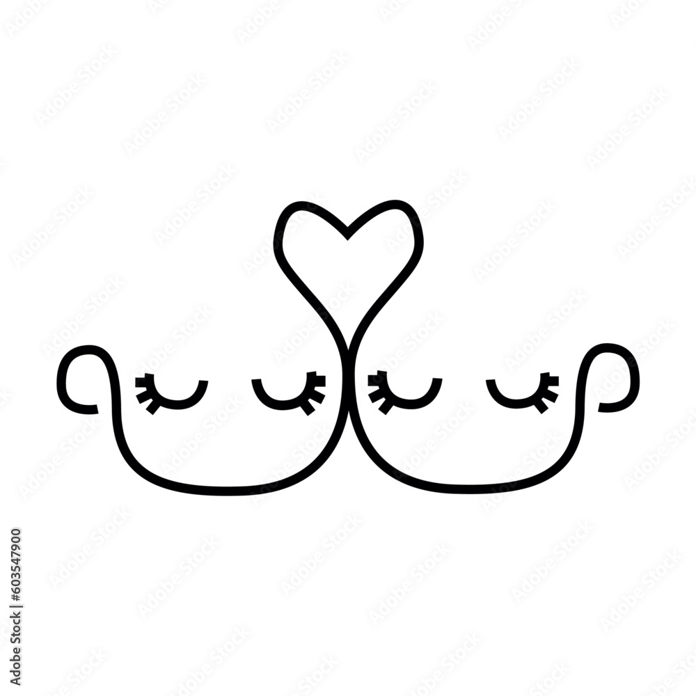 dibujo de línea en vectores con corazón formado por dos rostros de mujer estilizado. dibujo de línea en vectores con corazón formado por dos rostros de mujer estilizado.