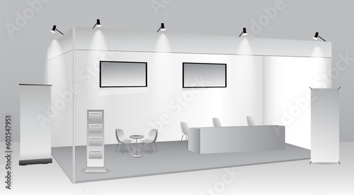 set of realistic trade exhibition stand or white blank exhibition kiosk or stand booth corporate commercial. eps vector