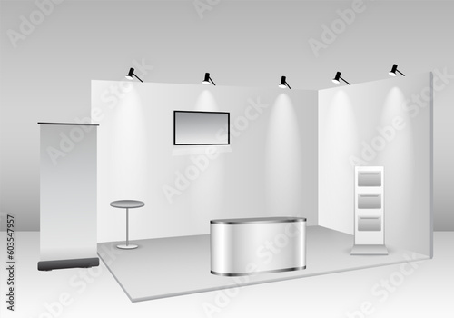 set of realistic trade exhibition stand or white blank exhibition kiosk or stand booth corporate commercial. eps vector