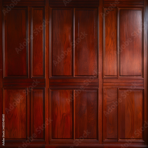 Luxury wood paneling background or texture. highly crafted classic / traditional wood paneling, with a frame pattern, often seen in courtrooms, premium hotels, and law offices. Generative AI based.