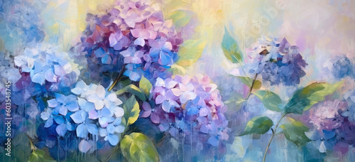 Impressionist style hydrangea flowers painting style. Light blue and light purple Hydrangea flowers in full bloom  in the garden. Hand edited generative AI.