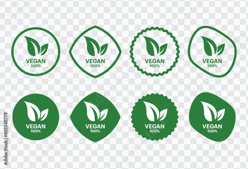 Vegan vector icon. Organic, bio, eco symbol. Vegan, no meat, lactose free, healthy, fresh and nonviolent food. Round green vector illustration with leaves for stickers. 4th styles vector