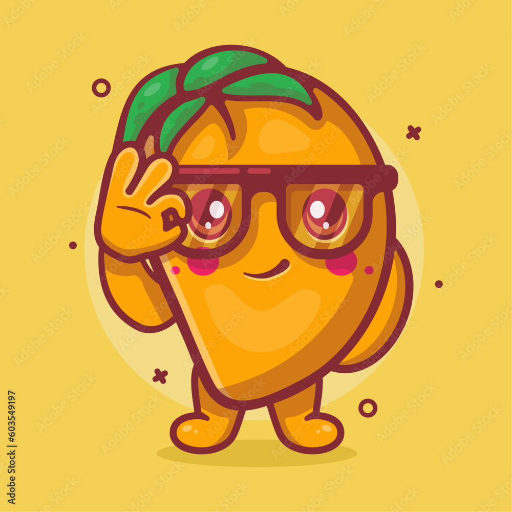 funny mango fruit character mascot with ok sign hand isolated cartoon in flat style design 
