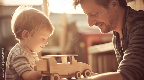 Father and his little child playing wooden car together during the golden hour. Concept of fathers day, fathers love, relationships between dad and child. Generative Ai
