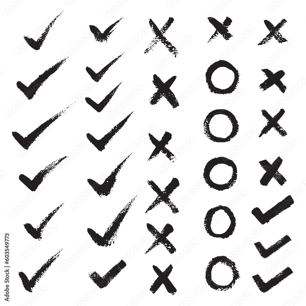 Set hand drawn grunge brush check mark, tick and cross brush signs with canvas texture. Vector icon set. 