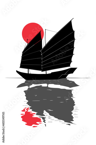 Silhouette of chinese Junk boat with sails. Traditional ink painting style