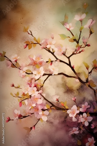Beautiful abstract watercolor spring blossoms  flowers  branches  for wallpaper and as a design element. Made in part with generative AI 