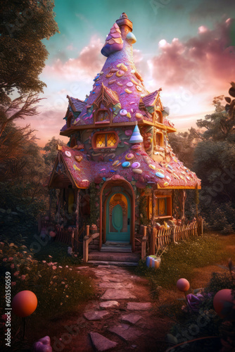 Digital illustration of a fantasy candy house, fairy tale sweet cottage hidden in the woods, evocative, mysterious, spooky magical concept. Made in part with generative ai.
