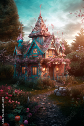 Digital illustration of a fantasy candy house, fairy tale sweet cottage hidden in the woods, evocative, mysterious, spooky magical concept. Made in part with generative ai.  © Carl & Heidi