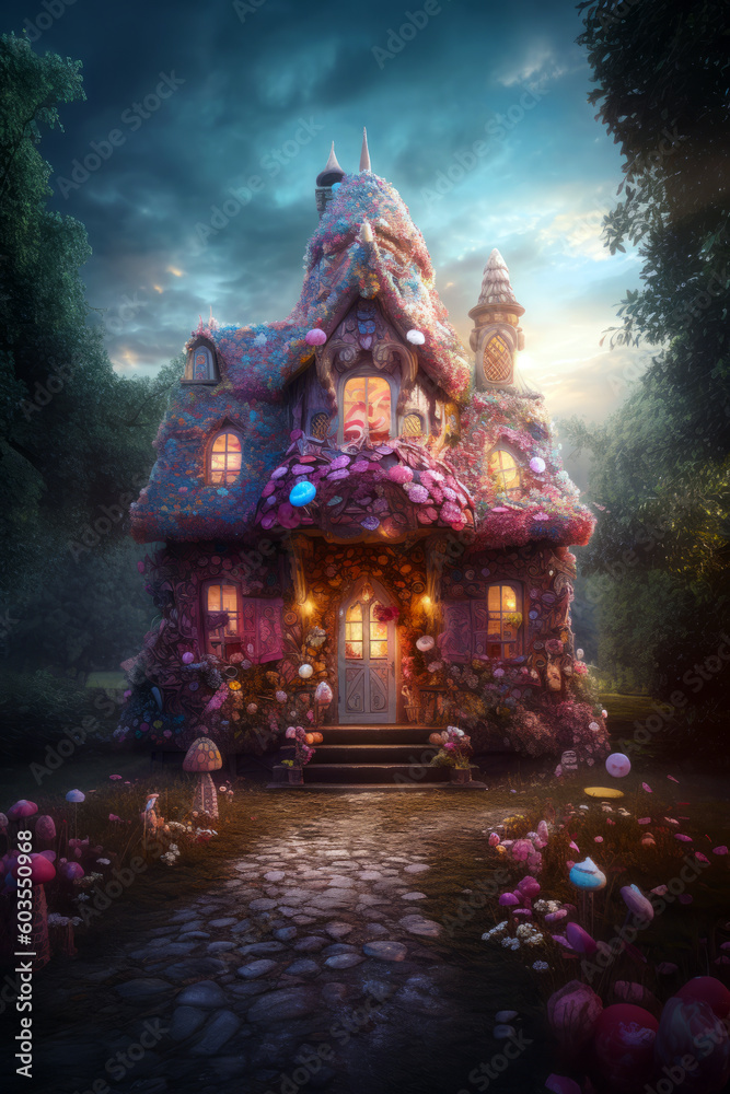 Fototapeta premium Digital illustration of a fantasy candy house, fairy tale sweet cottage hidden in the woods, evocative, mysterious, spooky magical concept. Made in part with generative ai. 