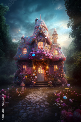 Digital illustration of a fantasy candy house, fairy tale sweet cottage hidden in the woods, evocative, mysterious, spooky magical concept. Made in part with generative ai.
