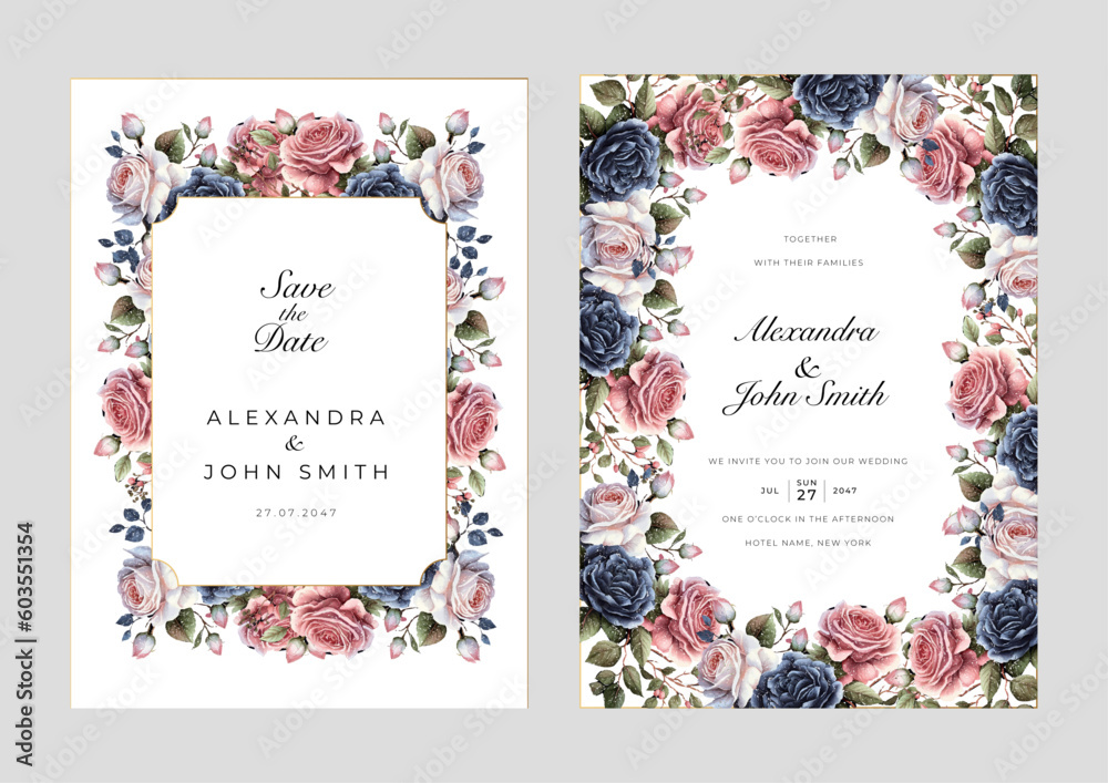 Pink rose flower floral beautiful hand drawn wedding invitation card