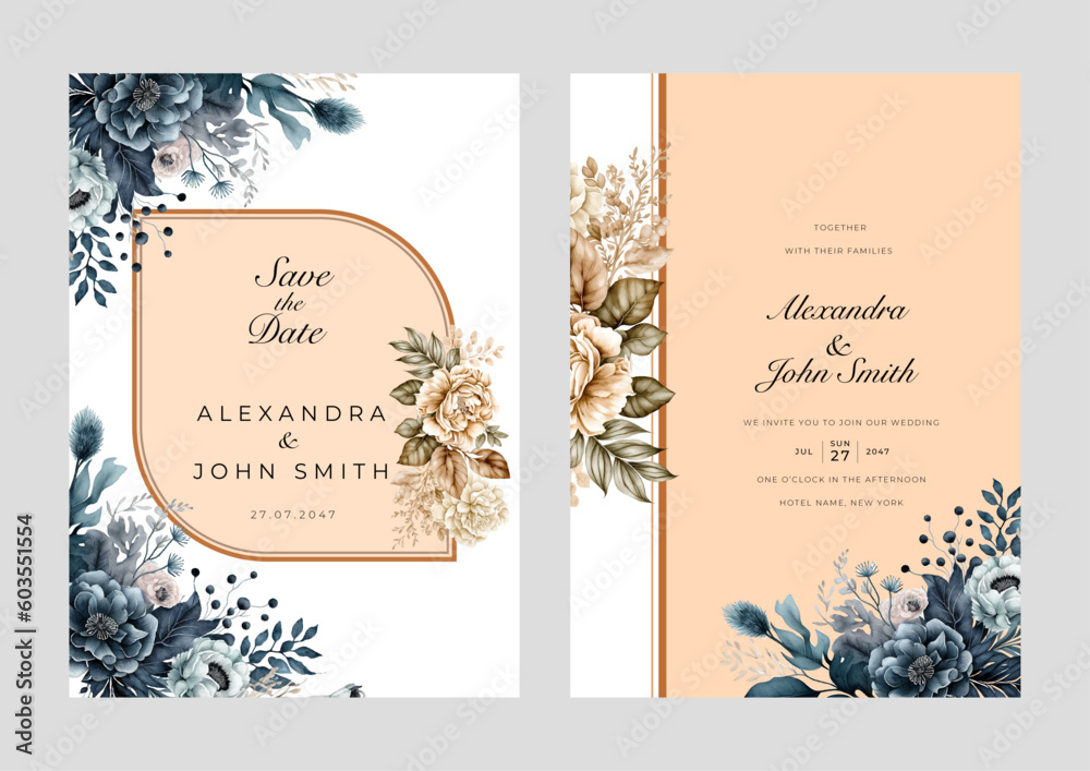 Blue rose flower floral beautiful and elegant floral wedding invitation card template