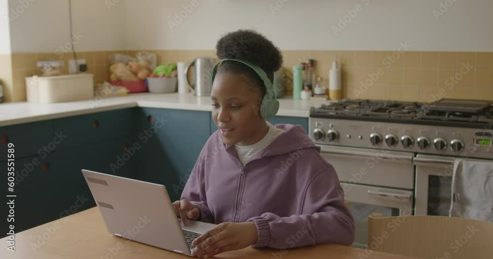 Female Teenager Studying Homework on Laptop in Kitchen Female Teenager Studying Homework on Laptop in Kitchen