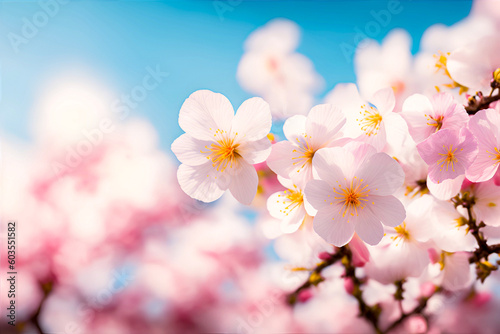 Beautiful sakura flower in spring blue sky © PakParmin