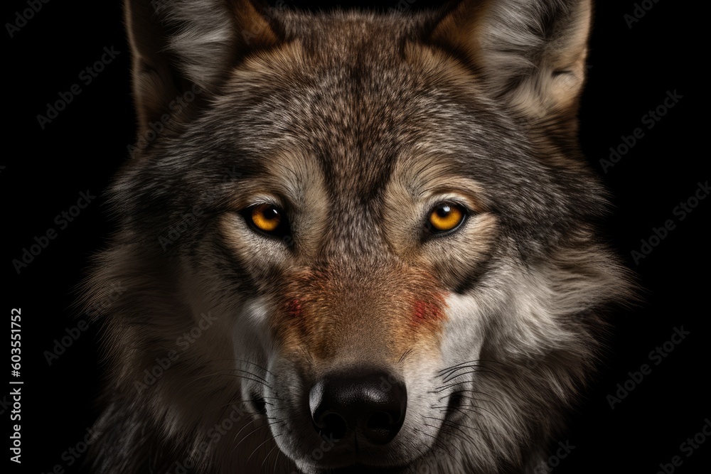 Digital illustration of a gray wolf close-up, in the style of macro nature photography, canis lupis, made in part with generative ai.
