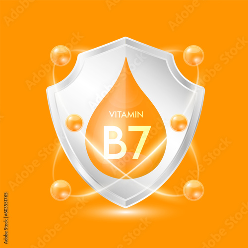 Vitamin B7 orange drop inside aluminum shield with atom surround. Minerals and vitamins complex protect the body stay healthy. For nutrition products food. Vector EPS10 illustration.