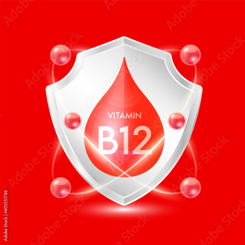 Vitamin B12 red drop inside aluminum shield with atom surround. Minerals and vitamins complex protect the body stay healthy. For nutrition products food. Vector EPS10 illustration.