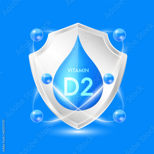 Vitamin D2 blue drop inside aluminum silver shield with atom surround. Minerals and vitamins complex protect the body stay healthy. For nutrition products food. Vector EPS10 illustration.