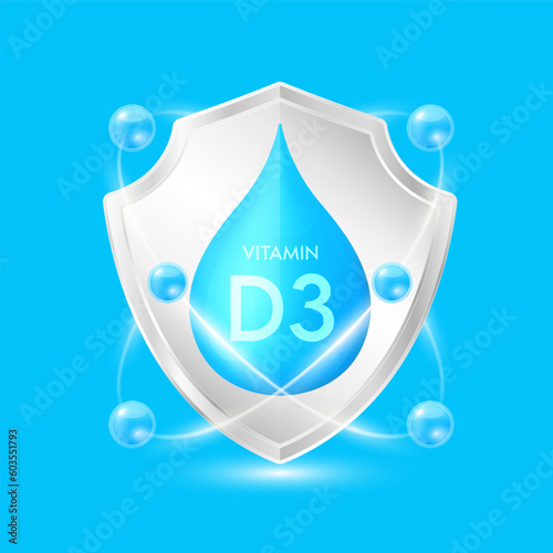 Vitamin D3 blue drop inside aluminum silver shield with atom surround. Minerals and vitamins complex protect the body stay healthy. For nutrition products food. Vector EPS10 illustration.