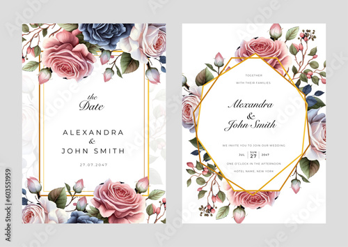 Pink rose flower floral vector watercolor colorful wedding invitation card template set with golden floral decoration
