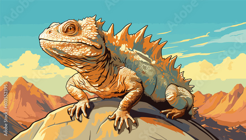 horned lizard with mountains in the background  an illustration of a horned lizard on a rock with desert mountains in the background  light amber and sky blue colors  sharp  prickly  bold