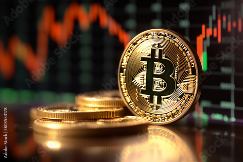 Bitcoin gold coin and defocused chart background. Virtual cryptocurrency concept.