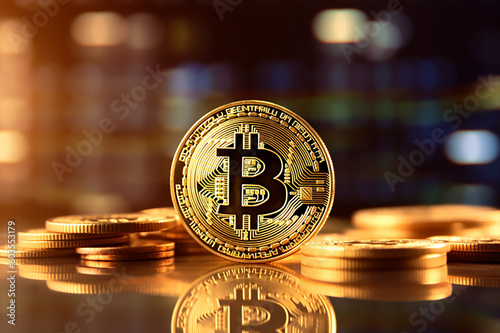 Bitcoin gold coin and defocused chart background. Virtual cryptocurrency concept.