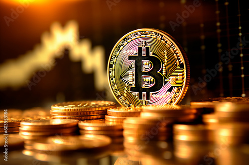 Bitcoin gold coin and defocused chart background. Virtual cryptocurrency concept.
