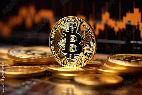 Bitcoin gold coin and defocused chart background. Virtual cryptocurrency concept.