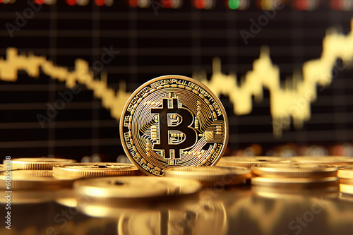 Bitcoin gold coin and defocused chart background. Virtual cryptocurrency concept.
