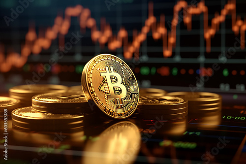 Bitcoin gold coin and defocused chart background. Virtual cryptocurrency concept.