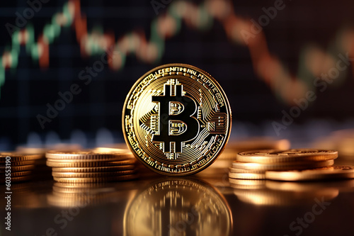 Bitcoin gold coin and defocused chart background. Virtual cryptocurrency concept.