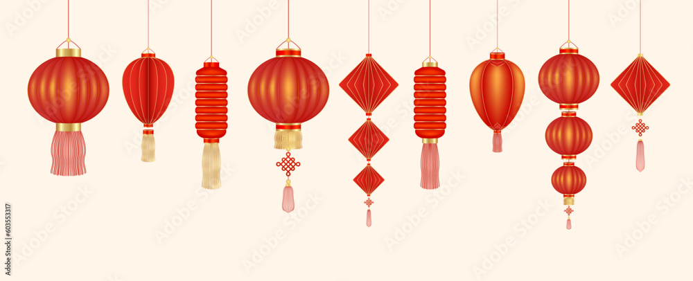 Chinese lantern red hanging decor or teng lang. Decorations for the Chinese New Year Festival chinatown traditional. Isolated on white background. Realistic 3d vector illustration Chinese lantern red hanging decor or teng lang. Decorations for the Chinese New Year Festival chinatown traditional. Isolated on white background. Realistic 3d vector illustration
