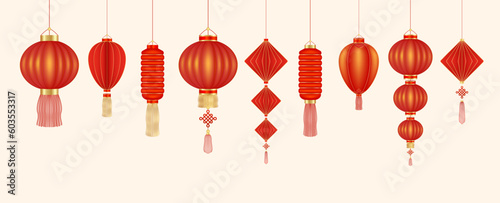 Chinese lantern red hanging decor or teng lang. Decorations for the Chinese New Year Festival chinatown traditional. Isolated on white background. Realistic 3d vector illustration