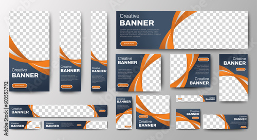 Orange and Black Web banners templates, standard sizes with space for photo, modern design