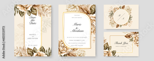 Orange pheony floral flower vector watercolor colorfull wedding invitation card template set with golden floral decoration