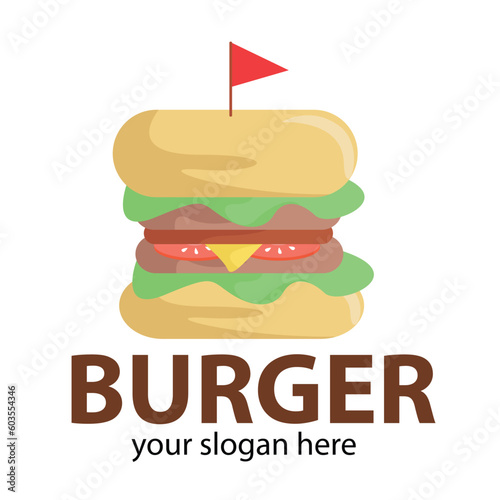 vector cute burger colored light cream with a layer of meat and brown buns and green leaves and a red flag stuck on top