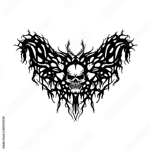 Butterfly with skull tattoo illustration. Rock and metal band logo template vector illustration